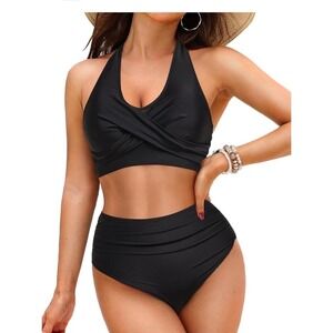 Talisea‎ Bikini Swimsuit Women Medium Black Good High Waisted Halter Wrap Top